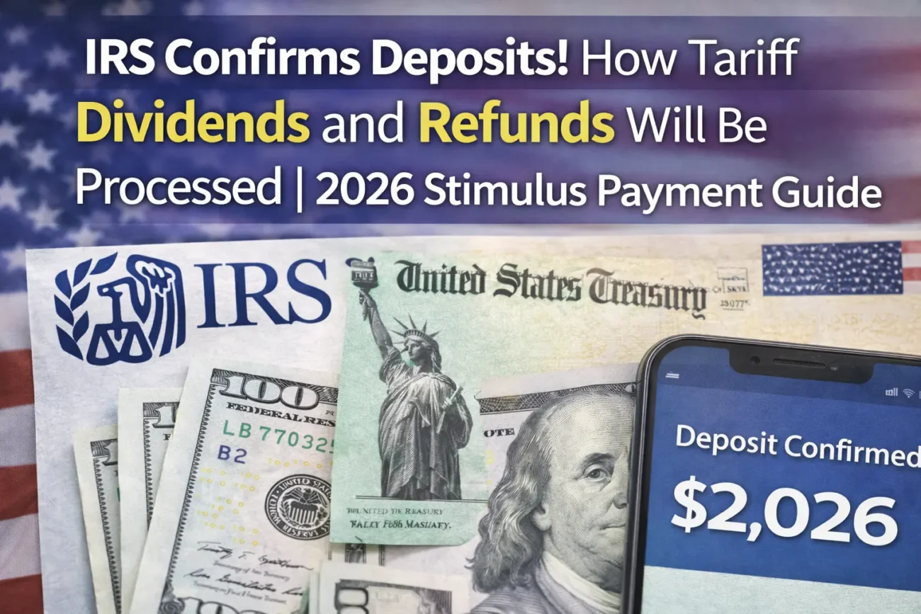 2026 Stimulus Payment Guide showing IRS deposit confirmation with federal refund money and Treasury background