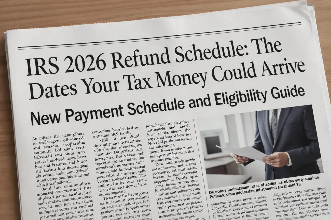 IRS 2026 Refund Schedule newspaper headline showing expected tax refund payment dates and eligibility timeline