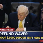 A digital illustration of blue waves representing IRS refund batches moving toward a bank icon.
