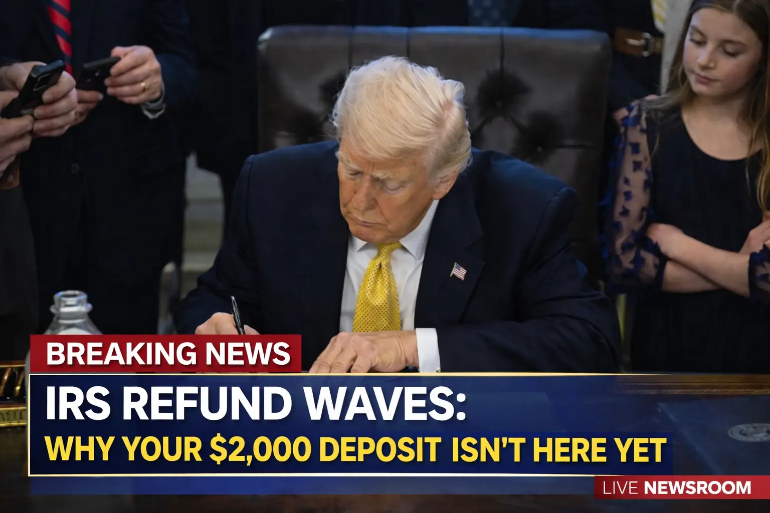A digital illustration of blue waves representing IRS refund batches moving toward a bank icon.