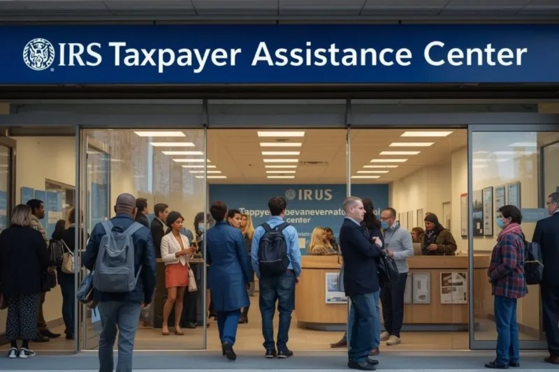 Taxpayers entering an IRS building for the special IRS Saturday opening hours.