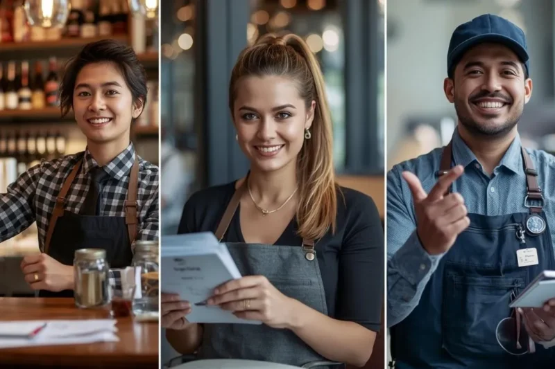 A group of service workers checking their phones for No Tax on Tips updates.