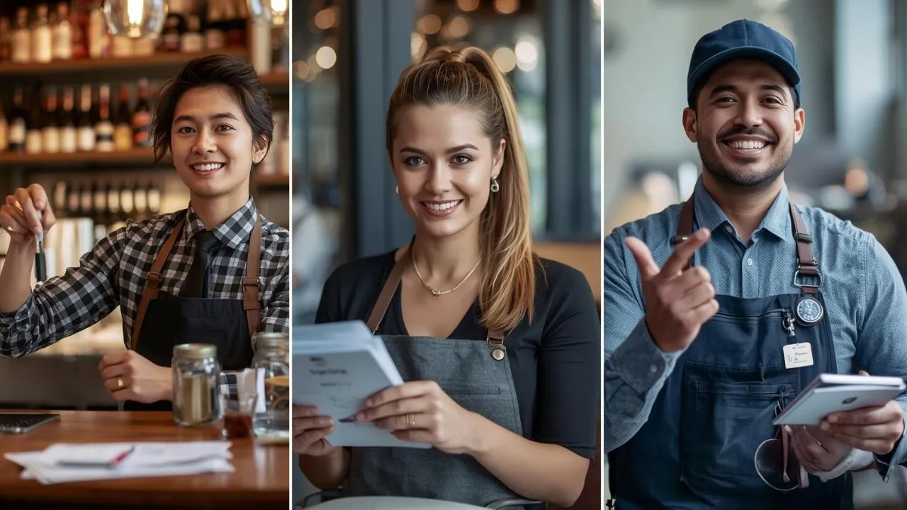 A group of service workers checking their phones for No Tax on Tips updates.