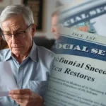 An elderly individual looking concerned at an SSA Benefits Halt notice on a laptop.