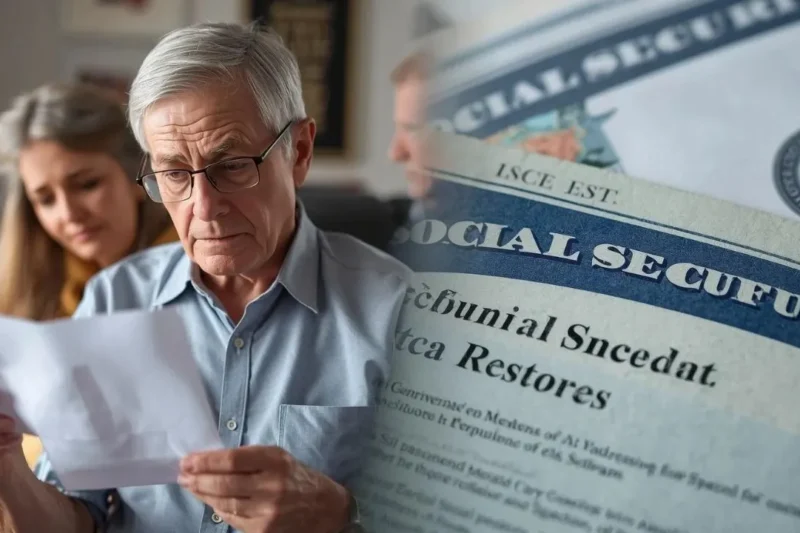 An elderly individual looking concerned at an SSA Benefits Halt notice on a laptop.