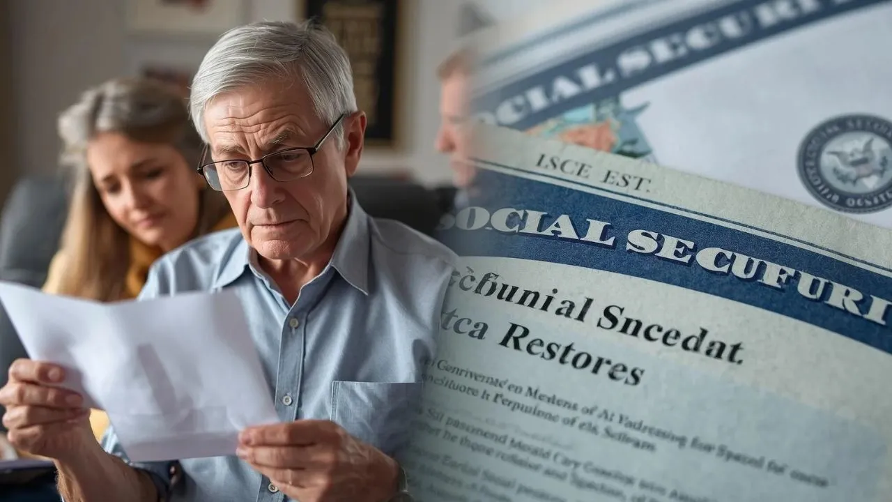 An elderly individual looking concerned at an SSA Benefits Halt notice on a laptop.