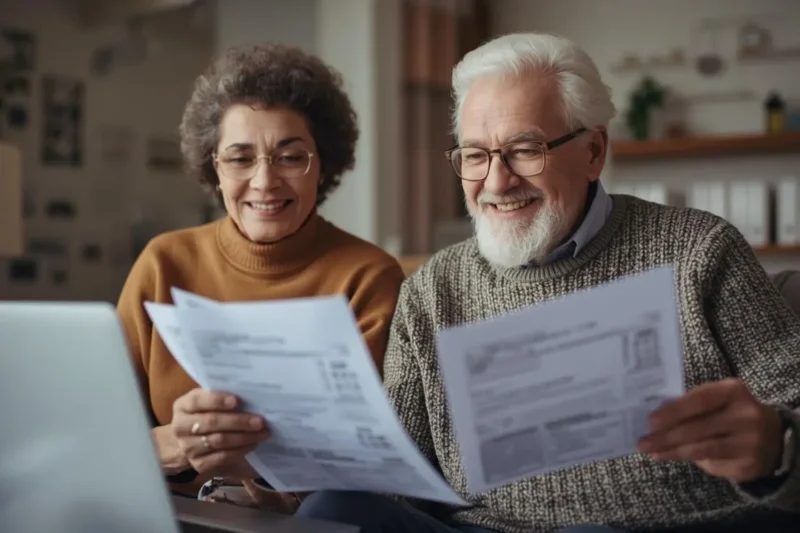 A senior couple looking happily at a $6,000 Senior Credit deposit on their tablet.