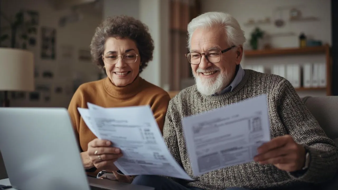A senior couple looking happily at a $6,000 Senior Credit deposit on their tablet.