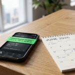 A close-up view of a calendar displaying June 2026 dates next to a smartphone showing a pending banking application direct deposit notification.