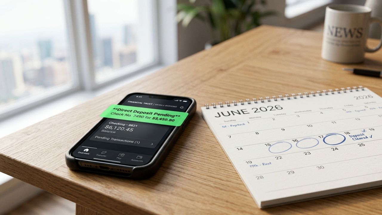 A close-up view of a calendar displaying June 2026 dates next to a smartphone showing a pending banking application direct deposit notification.