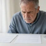 Senior employee checking pay stub alongside official Social Security benefit statement documents
