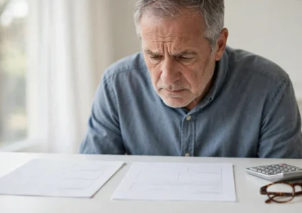 Senior employee checking pay stub alongside official Social Security benefit statement documents
