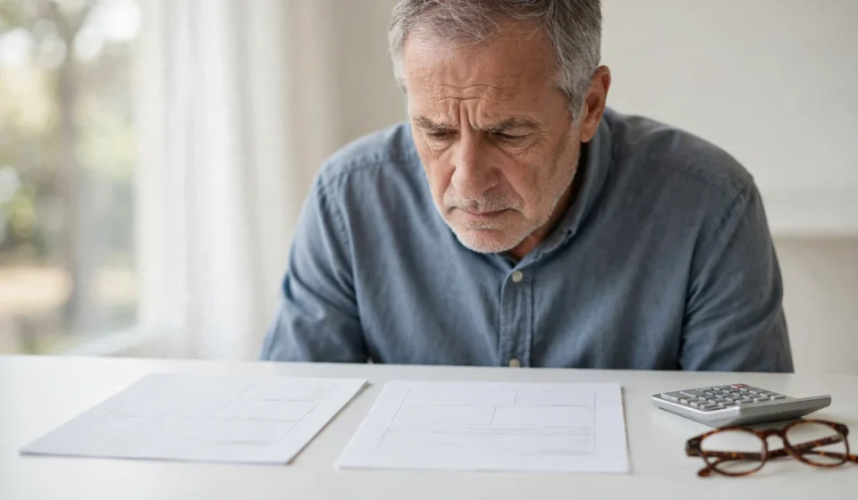 Senior employee checking pay stub alongside official Social Security benefit statement documents